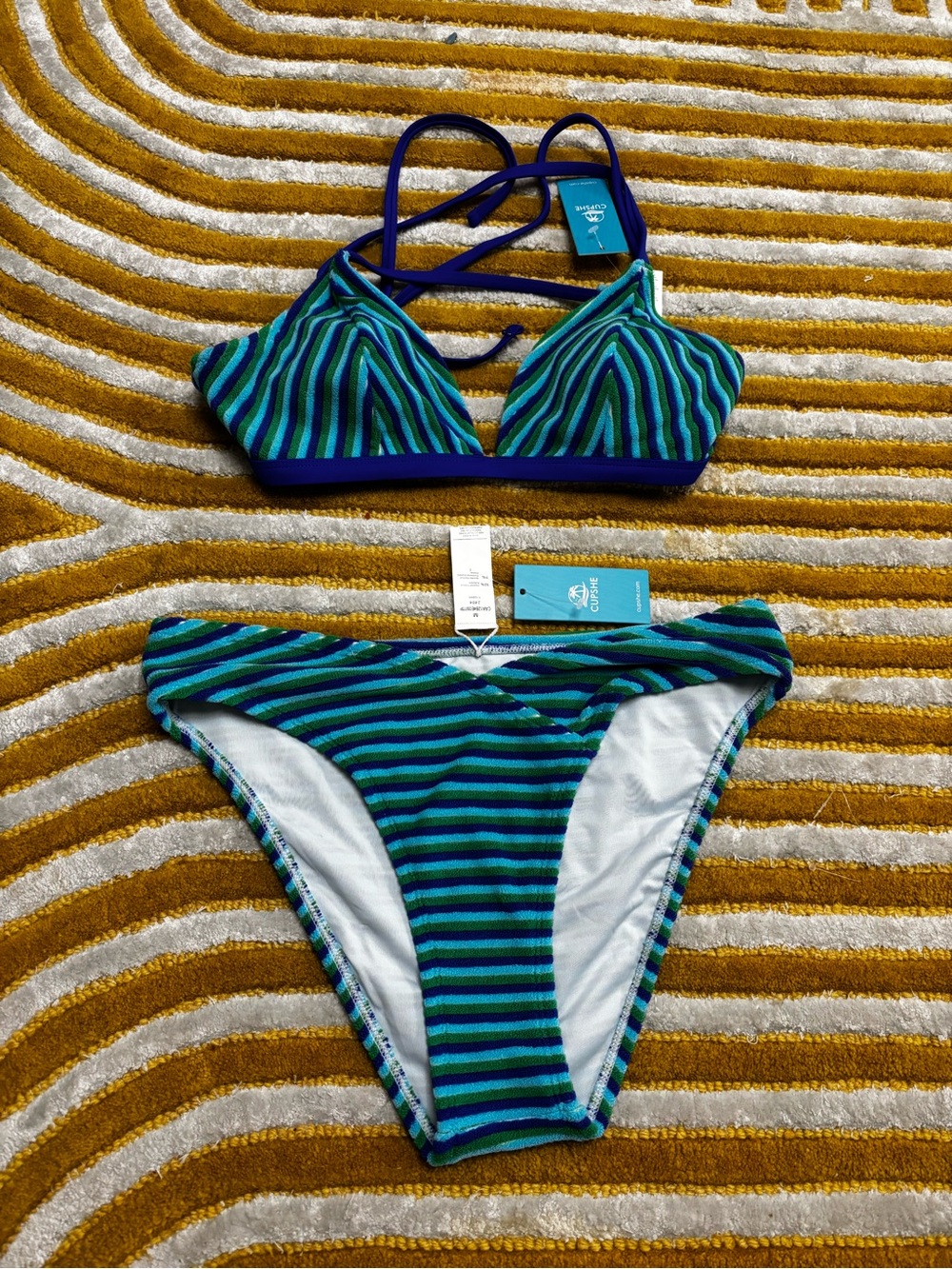 Cupshe Blue & Green Striped Triangle Terry Cloth Bikini Set